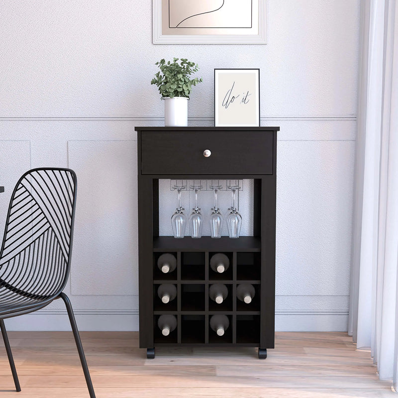 39' H black bar- coffee cart, Kitchen or living room cabinet storage, with 12 bottle racks, a central shelf with  1 Cup holders, 1 drawer ideal for storing small things Glass House Furnishings