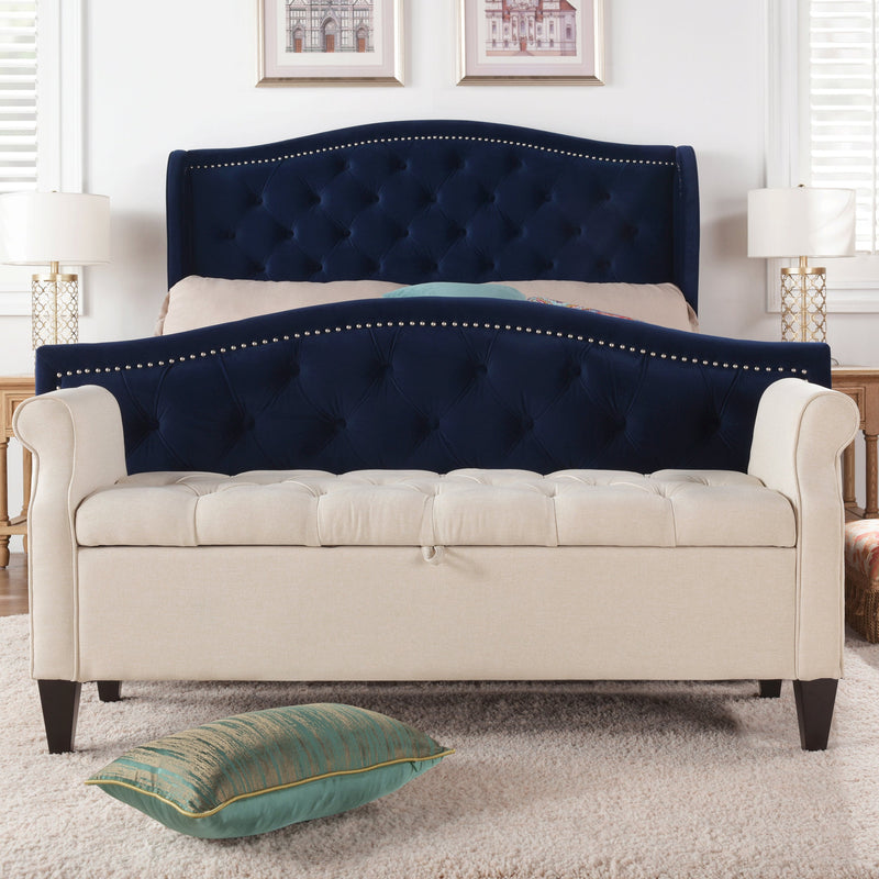 Jacqueline Sky Beige Tufted Roll-Arm Storage Bench Glass House Furnishings