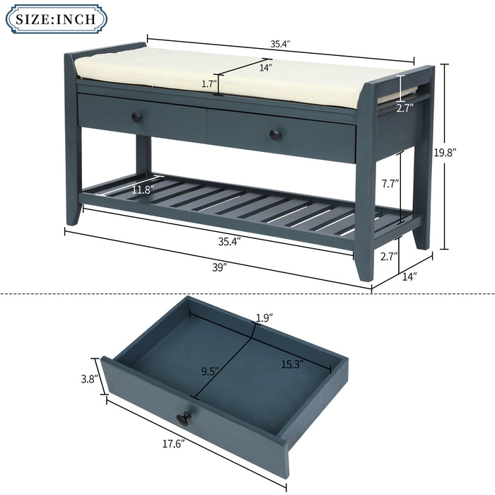 TREXM  Shoe Rack with Cushioned Seat and Drawers, Multipurpose Entryway Storage Bench, Antique Navy