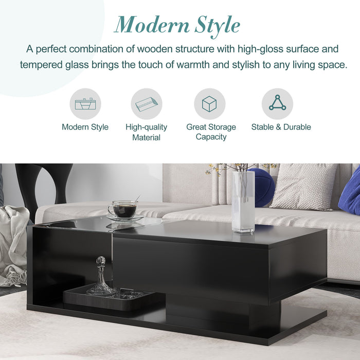 [VIDEO provided] ON-TREND Modern Coffee Table with Tempered Glass, Wooden Cocktail Table with High-gloss UV Surface, Modernist 2-Tier Rectangle Center Table for Living Room, Black