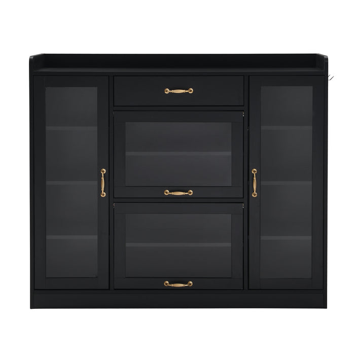 ON-TREND Modernist Side Cabinet with 4 Glass Doors & 3 Hooks, Freestanding Shoe Rack with Multiple Adjustable Shelves, Versatile Display Cabinet with Gold Handles for Hallway, Living Room, Black