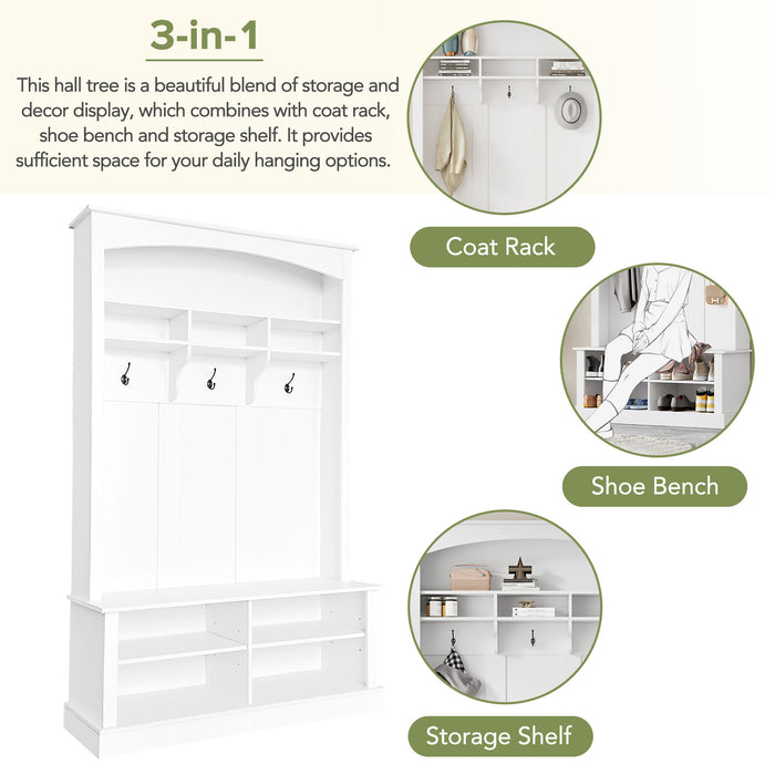 ON-TREND 47.2'' Wide Hall Tree with Bench and Shoe Storage, Multi-functional Storage Bench with 3 Hanging Hooks & Open Storage Space, Rectangle Storage & Shelves Coat Rack for Hallway, White