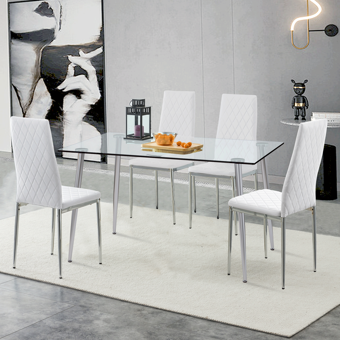 Glass dining table, dining chair set, 4 White dining chairs and 1 dining table Table size 51" W x 31.5"D x 30" H