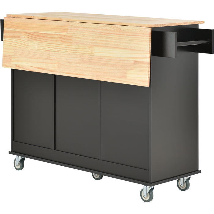 Rolling Mobile Kitchen Island with Solid Wood Top and Locking Wheels, with 52.7 Inch Width, Storage Cabinet, and Drop Leaf Breakfast Bar, including Spice Rack, Towel Rack & Drawer, Black