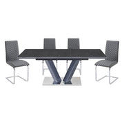 Modern Luxury Black Finish Dining Set 5pc Extendable Table with 4x Side Chairs Gray Faux Leather Upholstery V-shaped Chrome Base Furniture Glass House Furnishings