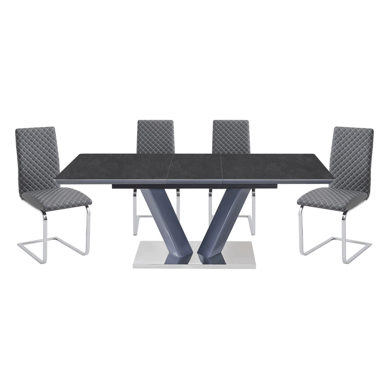 Modern Luxury Black Finish Dining Set 5pc Extendable Table with 4x Side Chairs Gray Faux Leather Upholstery V-shaped Chrome Base Furniture Glass House Furnishings