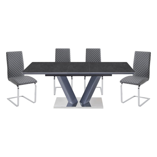Modern Luxury Black Finish Dining Set 5pc Extendable Table with 4x Side Chairs Gray Faux Leather Upholstery V-shaped Chrome Base Furniture Glass House Furnishings