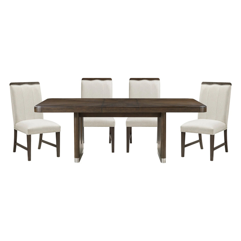 Modern Brown Finish Dining Set 5pcs Extendable Table with 4x Side Chairs Beige Upholstered Comfort Durable Metallic Accent Table Base Wooden Furniture Glass House Furnishings