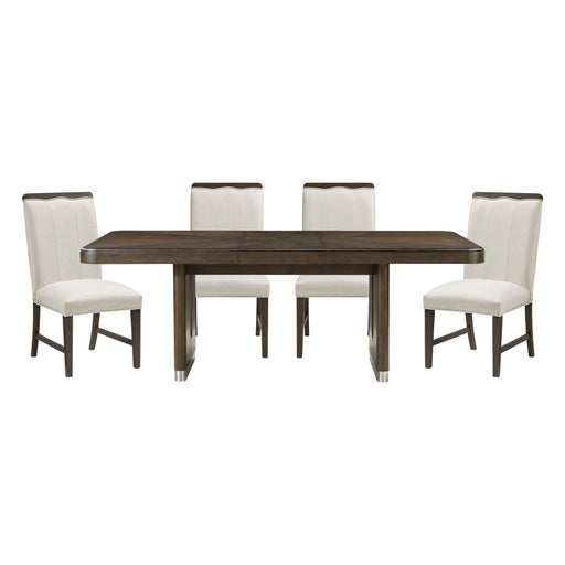 Modern Brown Finish Dining Set 5pcs Extendable Table with 4x Side Chairs Beige Upholstered Comfort Durable Metallic Accent Table Base Wooden Furniture Glass House Furnishings