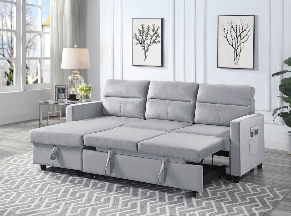 Ruby Velvet Reversible Sleeper Sectional Sofa with Storage Chaise and Side Pocket, Light Gray