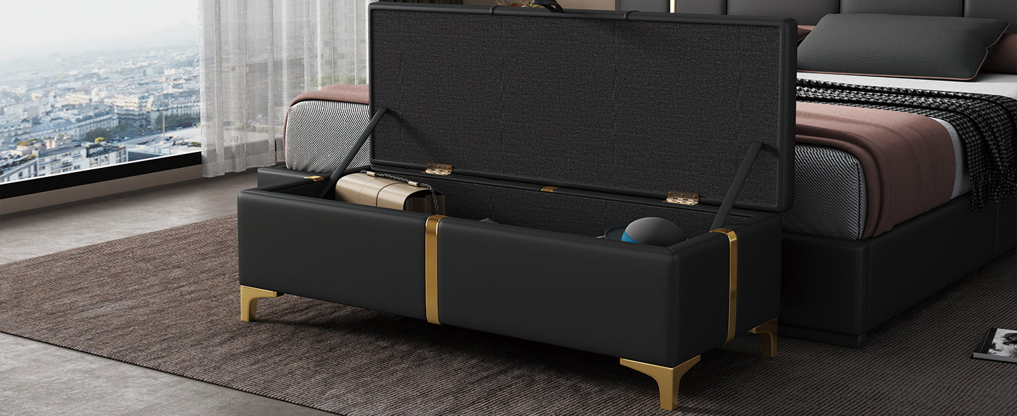 Elegant Upholstered Storage Ottoman,Storage Bench with Metal Legs for Bedroom,Living Room,Fully Assembled Except Legs,Black