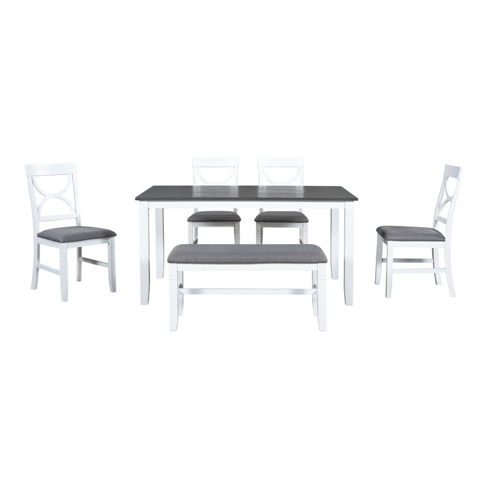 TOPMAX 6-Piece Wood Dining Table Set Kitchen Table Set with Upholstered Bench and 4 Dining Chairs, Farmhouse Style,Gray+White