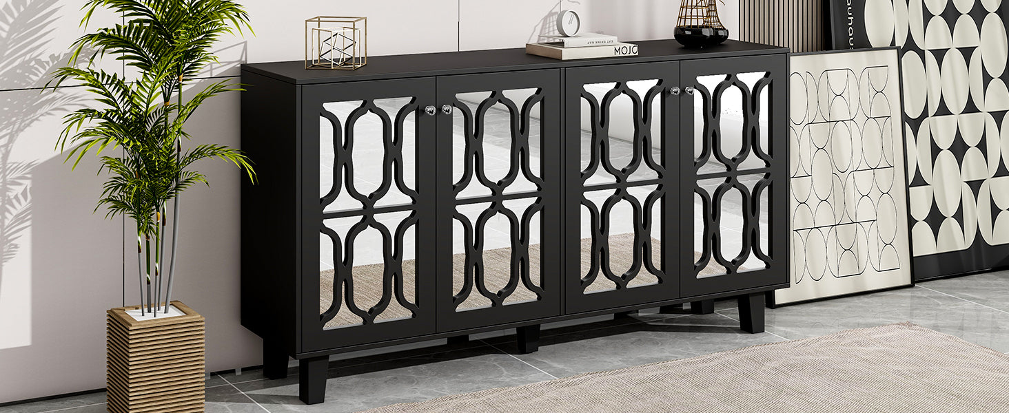 ON-TREND Buffet Cabinet with Adjustable Shelves, 4-Door Mirror Hollow-Carved TV stand for TVs Up to 70'', Multi-functional Console Table with Storage Credenza Accent Cabinet for Living Room, Black