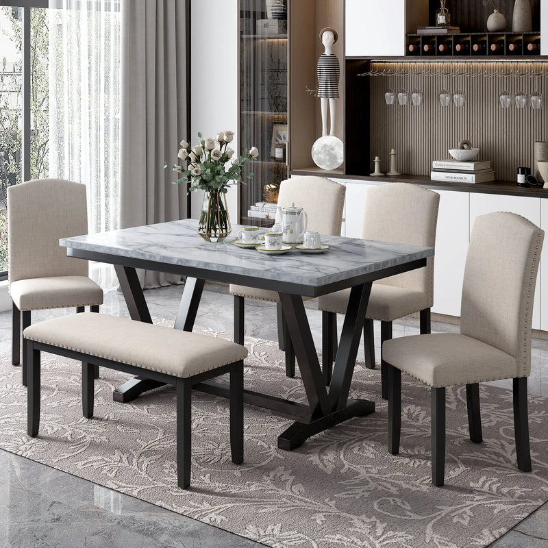 TREXM Modern Style 6-piece Dining Table with 4 Chairs & 1 Bench, Table with Marbled Veneers Tabletop and V-shaped Table Legs (White) Glass House Furnishings