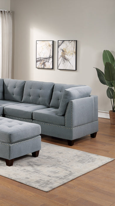 Modular Sectional 6pc Set Living Room Furniture Corner Sectional Tufted Nail heads Couch Gray Linen Like Fabric 3x Corner Wedge 2x Armless Chairs and 1x Ottoman