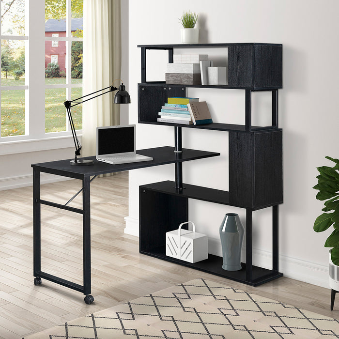 Home Office Computer Desk L-Shaped Corner Table, Rotating Computer Table with 5-Tier Bookshelf, 4 Installation Methods, Lockable Casters, Black