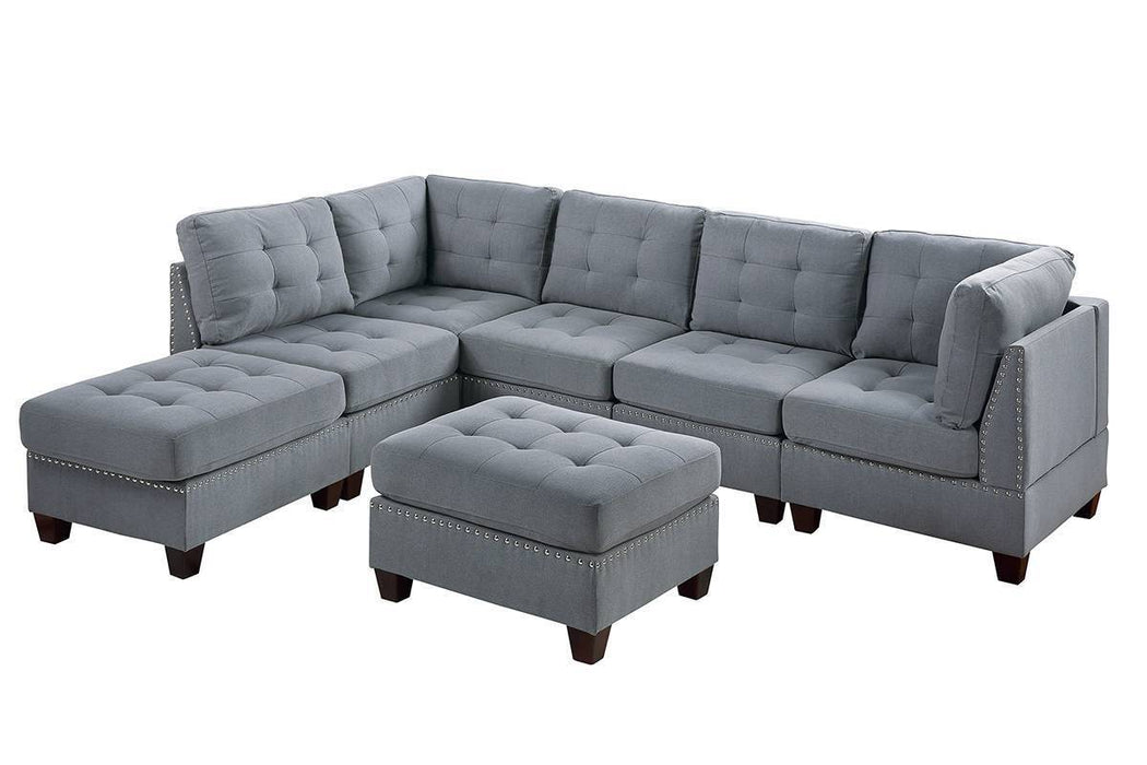 7-Piece Set Modular Sectional, Corner L-Sectional Gray Linen-Like Fabric, Tufted Nailheads With 2 Corner Wedges, 3 Armless Chairs & 2 Ottomans – Contemporary Living Room Furniture