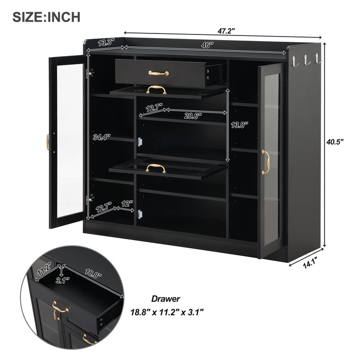 ON-TREND Modernist Side Cabinet with 4 Glass Doors & 3 Hooks, Freestanding Shoe Rack with Multiple Adjustable Shelves, Versatile Display Cabinet with Gold Handles for Hallway, Living Room, Black