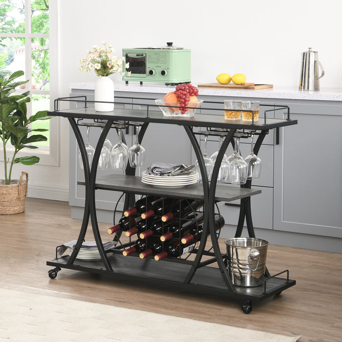 Industrial Bar Cart, Kitchen & Serving Cart with Wheels, 3-Tier Storage Shelves