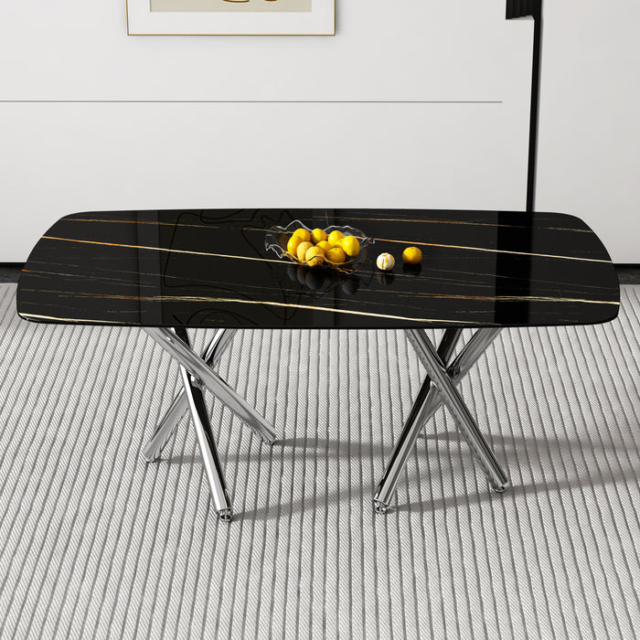 Large Modern Minimalist Rectangular Dining Table with 0.39" Imitation Marble Black Tabletop and Silver Metal Legs - Ideal for Kitchens, Living Rooms, Conference & Banquet Halls