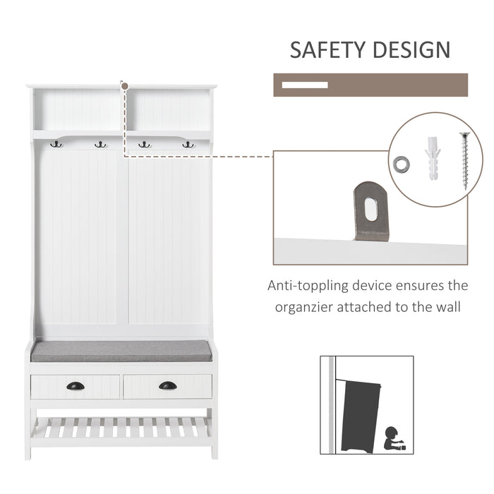 HOMCOM 3-in-1 Hall Tree, Entryway Bench with Coat Rack, Mudroom Bench with Shoe Rack, 2 Storage Drawers, 4 Hooks and Padded Seat Cushions for Hallway, White