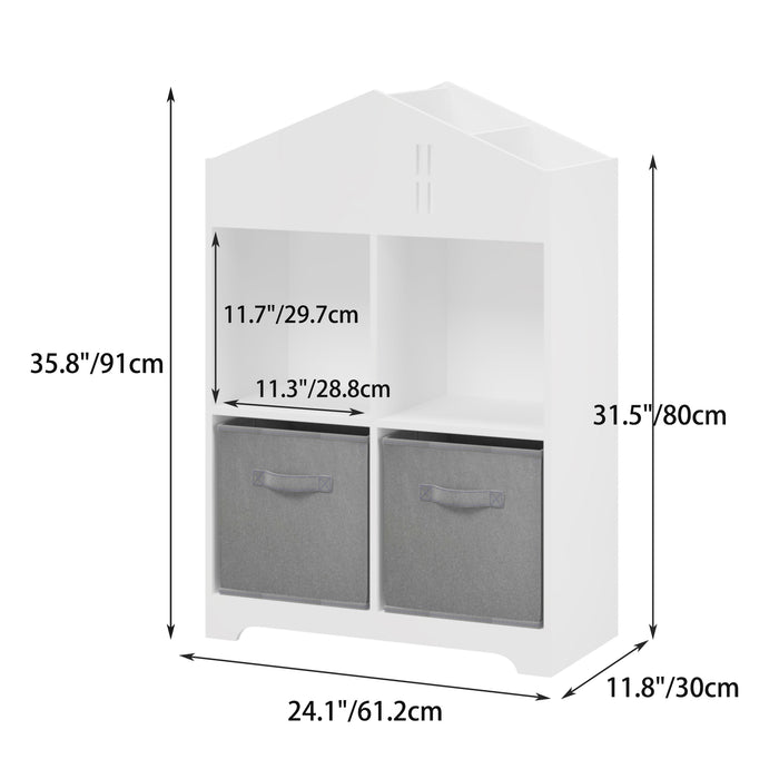 Kids Dollhouse Bookcase with Storage, 2-Tier Storage Display Organizer, Toddler Bookshelf with 2 Collapsible Fabric Drawers for Bedroom or Playroom (White/Gray)