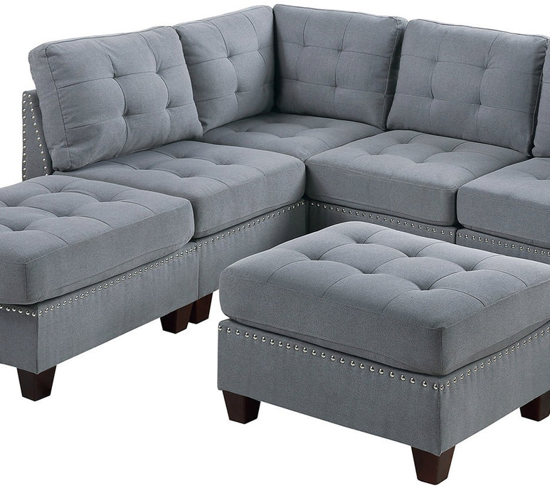 7-Piece Set Modular Sectional, Corner L-Sectional Gray Linen-Like Fabric, Tufted Nailheads With 2 Corner Wedges, 3 Armless Chairs & 2 Ottomans – Contemporary Living Room Furniture