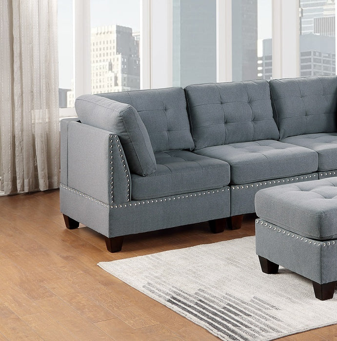 Modular Sofa Set 6pc Set Living Room Furniture Sofa Loveseat Tufted Couch Nail heads Gray Linen Like Fabric 4x Corner Wedge 1x Armless Chair and 1x Ottoman