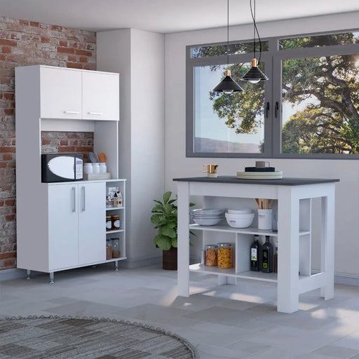 White and Onyx 2-Piece Kitchen Set, Kitchen Island and Pantry Cabinet Glass House Furnishings