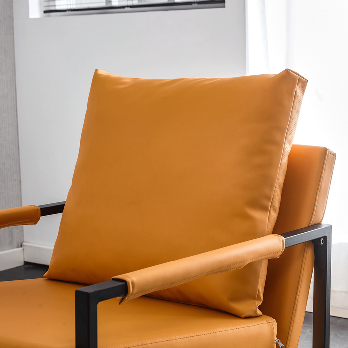 Mid Century PU Leather Accent Armchair, Upholstered Sofa Chair with Metal Frame, Extra-Thick Padded Backrest, and Seat Cushion - Comfortable Foam Padding - Ideal for Living Room and Home, Orange