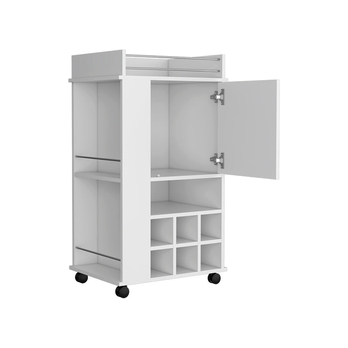 Bar Cart With Casters Reese, Six Wine Cubbies & Single Door, White