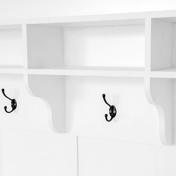 ON-TREND 47.2'' Wide Hall Tree with Bench and Shoe Storage, Multi-functional Storage Bench with 3 Hanging Hooks & Open Storage Space, Rectangle Storage & Shelves Coat Rack for Hallway, White