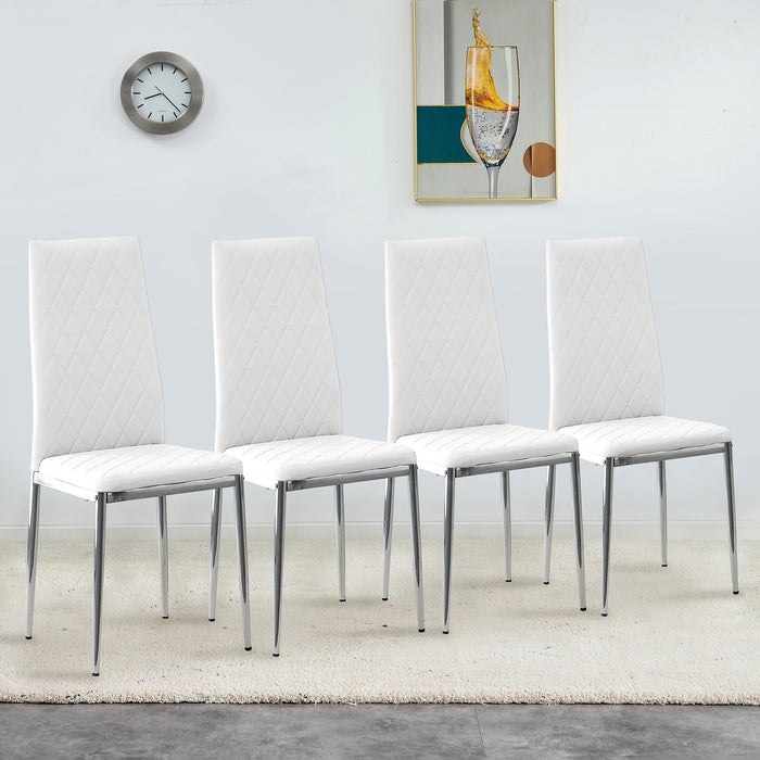 Glass dining table, dining chair set, 4 White dining chairs and 1 dining table Table size 51" W x 31.5"D x 30" H