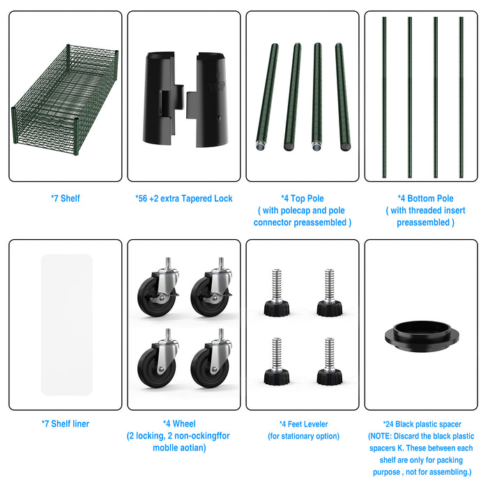 7 Tier Wire Shelving Unit, 2450 LBS NSF Height Adjustable Metal Garage Storage Shelves with Wheels, Heavy Duty Storage Wire Rack Metal Shelves - Green