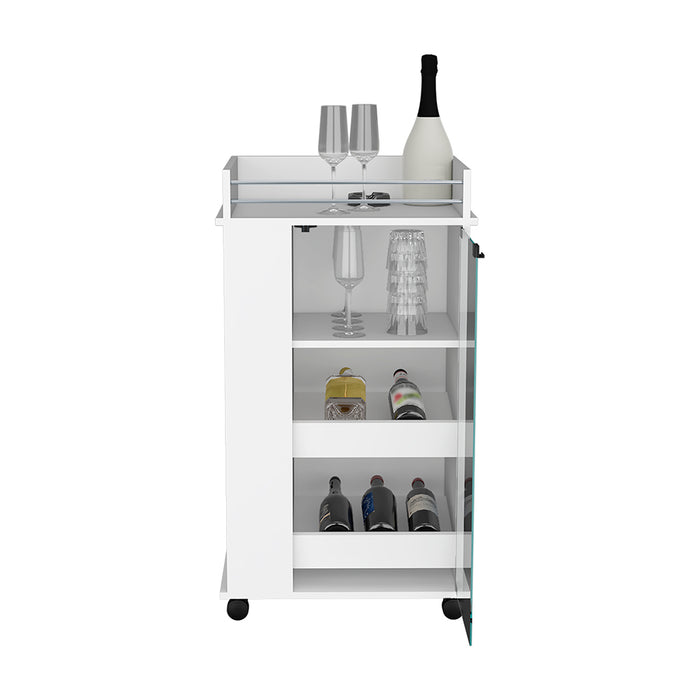 Bar Cart With 2-Side Shelves Beaver, Glass Door & Upper Surface, White