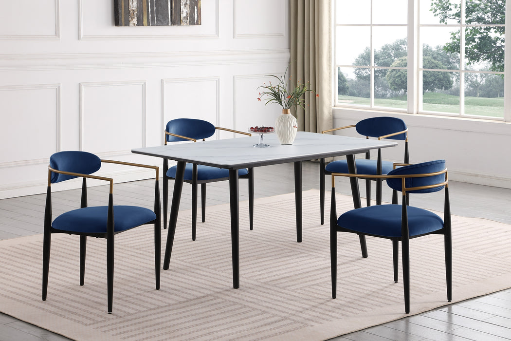 Modern Contemporary 5pc Dining Set White Sintered Stone Table and Blue Chairs Fabric Upholstered Stylish Furniture