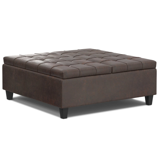 Harrison Distressed Brown Vegan Leather Coffee Table Storage Ottoman Glass House Furnishings