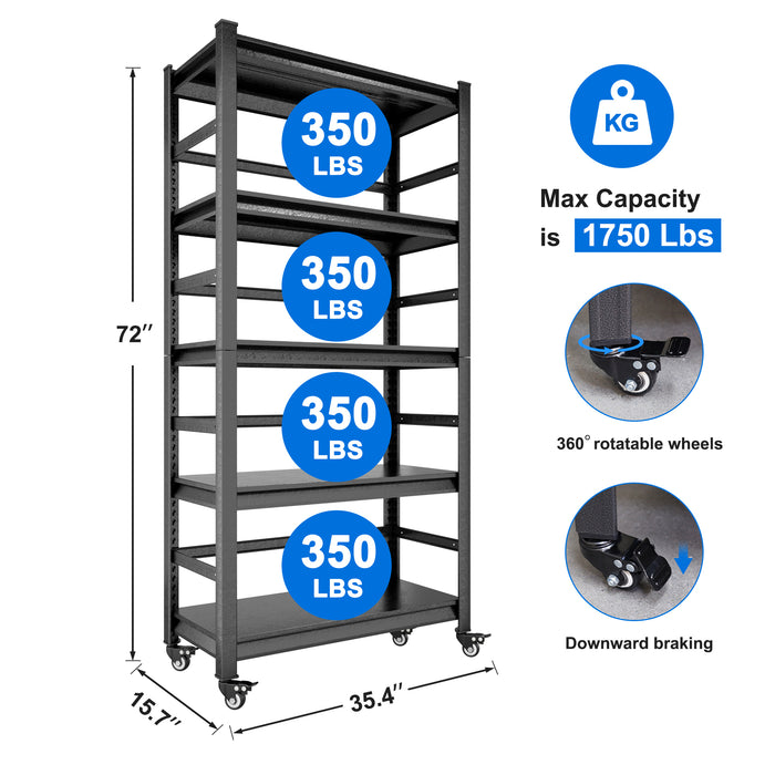 72"H Heavy Duty Storage Shelves Adjustable 5-Tier Metal Shelving Unit with Wheels for 1750LBS Load  Kitchen, Garage, Pantry, and More