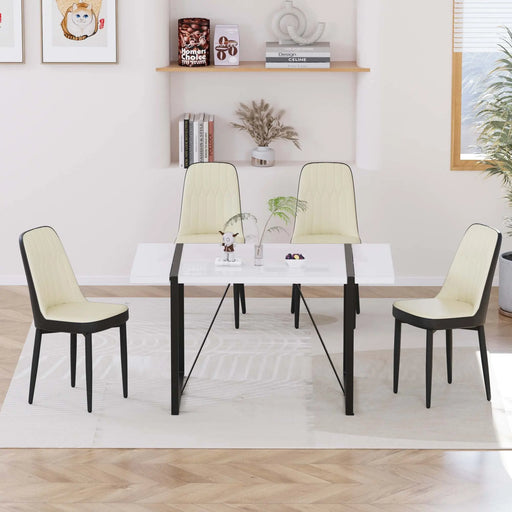55 '4-person modern MDF dining table set, kitchen black metal leg dining table and chair set, industrial rectangular white tabletop and dining room thick padded PU dining chairs Glass House Furnishings