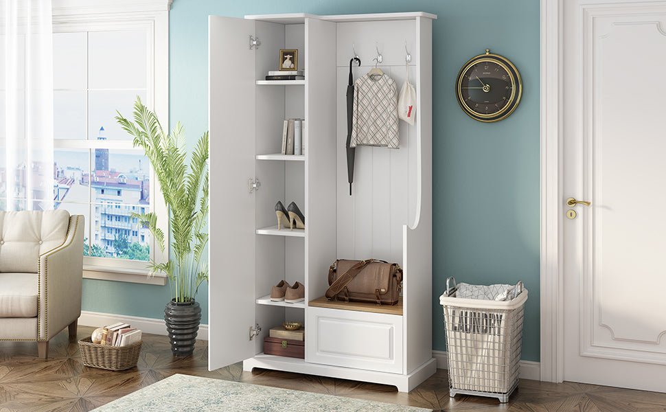 ON-TREND Stylish Design Hall Tree with Flip-Up Bench, Minimalist Hallway Shoe Cabinet with Adjustable Shelves, Multifunctional Furniture with Hanging Hooks for Entryways, Mudroom, White