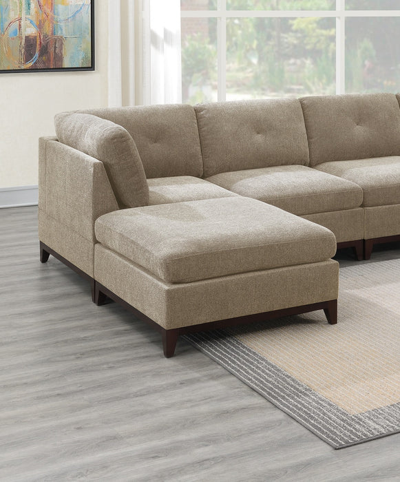 Camel Chenille Fabric Modular Sectional 6pc Set Living Room Furniture U-Sectional Couch 2x Corner Wedge 2x Armless Chairs and 2x Ottomans Tufted Back Exposed Wooden Base