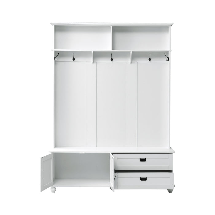 [VIDEO provided] ON-TREND Modern Style Hall Tree with Storage Cabinet and 2 Large Drawers, Widen Mudroom Bench with 5 Coat Hooks, White