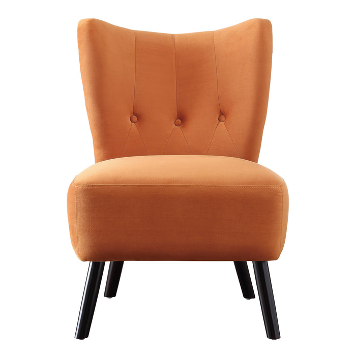 Orange Velvet Accent Chair with Button-Tufted Back & Brown Wood Legs, Modern Home Furniture