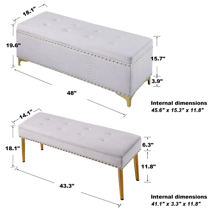 Large Storage Benches Set, Nailhead Trim 2 in 1 Combination Benches, Tufted Velvet Benches with Gold Leg for Living Room, Entryway, Hallway, Bedroom, Light Gray; Support 250 lbs