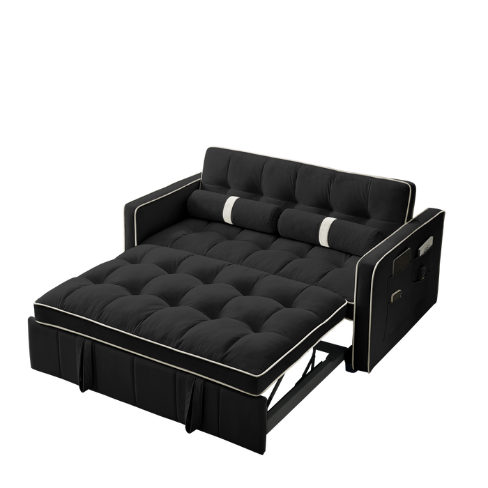 Modern 55.5" Pull Out Sleep Sofa Bed, 2-Seater Loveseat with Side Pockets, Adjustable Backrest, Lumbar Pillows - Ideal for Apartment, Office, Living Room, Black