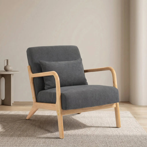 Mid Century Modern Accent Chair with Wood Frame, Upholstered Living Room Chairs with Waist Cushion, Reading Armchair for Bedroom Sunroom Glass House Furnishings