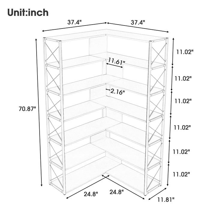 7-Tier L-Shaped Corner Bookcase, Industrial Style with Metal Frame and Open Storage Shelves, Perfect for Home Office - MDF Board, Silver + Grey