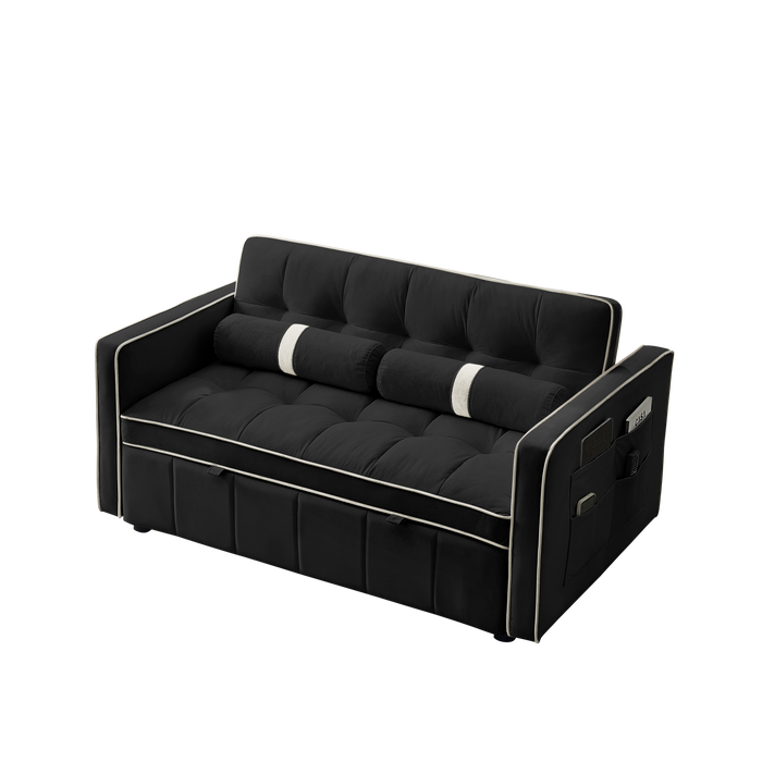 Modern 55.5" Pull Out Sleep Sofa Bed, 2-Seater Loveseat with Side Pockets, Adjustable Backrest, Lumbar Pillows - Ideal for Apartment, Office, Living Room, Black