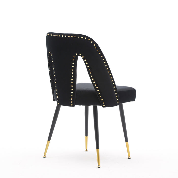 Set of 2 Modern Velvet Upholstered Dining Chairs With Nailheads & Gold Tipped Black Metal Legs, Black