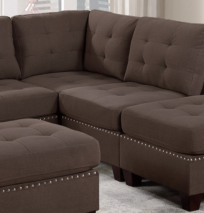 Modular Sectional 6pc Set Living Room Furniture L-Sectional Black Coffee Linen Like Fabric Tufted Nailheads 2x Corner Wedge 2x Armless Chairs and 2x Ottomans